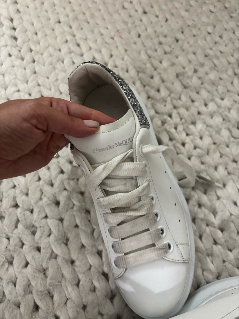 Alexander McQueen White Leather Sneaker with Silver Glitter Heel Tab